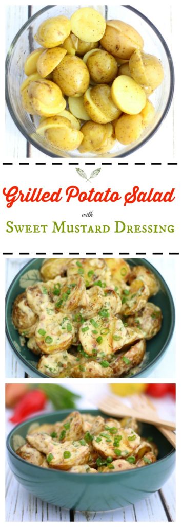 This grilled potato salad with sweet mustard dressing is an incredibly tasty side dish for your summer cookout! gardeninthekitchen.com
